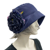 Eleanor cloche hat women in navy blue linen with large peony style flower brooch handmade by Boston Millinery