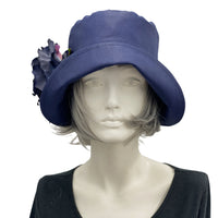 Eleanor cloche hat women in navy blue linen with large peony style flower brooch handmade by Boston Millinery