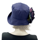 Eleanor cloche hat women in navy blue linen with large peony style flower brooch handmade by Boston Millinery