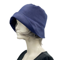 Eleanor cloche hat women in navy blue linen with large peony style flower brooch handmade by Boston Millinery
