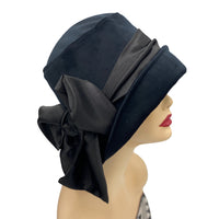 Vintage Style cloche hat handmade in black velvet with satin band and bow 
