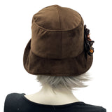 Brown Velvet Winter Cloche Hat for Women with Hydrangea Flower Brooch Handmade  rear view