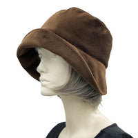 Brown Velvet Winter Cloche Hat for Women with Hydrangea Flower Brooch Handmade side view