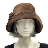 Brown Velvet Winter Cloche Hat for Women with Hydrangea Flower Brooch Handmade  front view