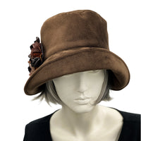 Brown Velvet Winter Cloche Hat for Women with Hydrangea Flower Brooch Handmade top front view