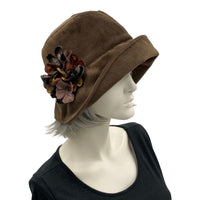 Brown Velvet Winter Cloche Hat for Women with Hydrangea Flower Brooch Handmade 