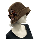 Brown Velvet Winter Cloche Hat for Women with Hydrangea Flower Brooch Handmade 