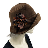 Brown Velvet Winter Cloche Hat for Women with Hydrangea Flower Brooch Handmade  side view