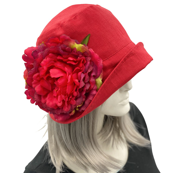Red linen 20s Style Cloche Hat with Large Flower Boston Millinery