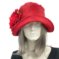 Red linen 20s Style Cloche Hat with Large Flower Boston Millinery front view