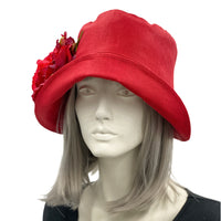 Handmade Vintage Red linen 20s Style Cloche Hat with Large Flower Boston Millinery