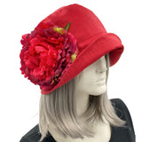 Red linen 20s Style Cloche Hat with Large Flower Boston Millinery flower view