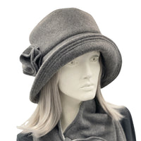 Boston Millinery's cozy winter cloche with an equidistant brim and accessorized with a fleece brooch