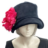 Eleanor wide front Brim black velvet cloche hat women with large pink peony flower brooch front view
