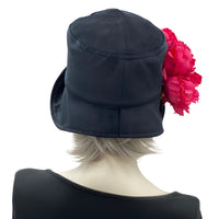 Eleanor wide front Brim black velvet cloche hat women with large pink peony flower brooch rear view