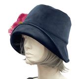 Eleanor wide front Brim black velvet cloche hat women with large pink peony flower brooch side view