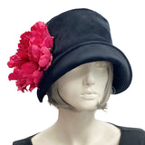 Eleanor wide front Brim black velvet cloche hat women with large pink peony flower brooch 1920s style