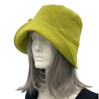 Chartreuse green linen vintage style cloche hat  side view