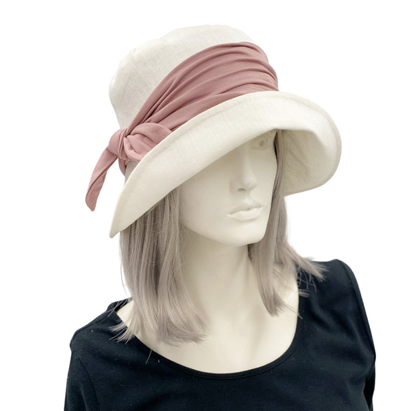 Women's 1920's Style Cloche Hat in Linen with Dusky Pink Hat Band | The Eleanor