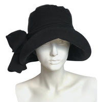 1920s Eleanor cloche hat in black linen with chiffon scarf and bow Boston Millineryanor front view