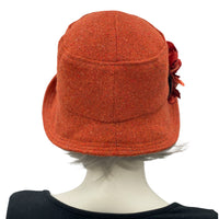 Cloche hat vintage style 20s ns 30s burnt orange wool hydrangea flower brooch  rear view