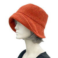 Cloche hat vintage style 20s ns 30s burnt orange wool hydrangea flower brooch side view