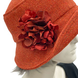 Cloche hat vintage style 20s ns 30s burnt orange wool hydrangea flower brooch close up brooch view