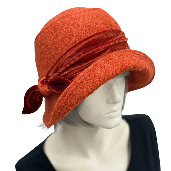 20s cloche hat in burnt orange wool with velvet band and bow 