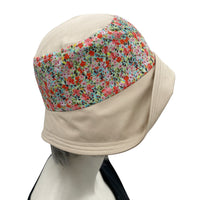 Eleanor wide front brim floral band red blue green cotton cloche hat women side view