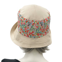 Eleanor wide front brim floral band red blue green cotton cloche hat women rear view