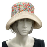 Eleanor wide front brim floral band red blue green cotton cloche hat women  front view