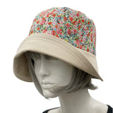 Eleanor wide front brim floral band red blue green cotton cloche hat women side front view
