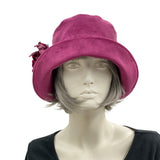 Eleanor wide front brim raspberry velvet large raspberry rhinestone flower cloche hat  shown worn with short hair