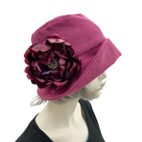 Eleanor wide front brim raspberry velvet large raspberry rhinestone flower cloche hat  side view short hair