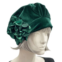 Emerald Green  Velvet Beret with Hydrangea Brooch modeled on a hat mannequin  handmade Boston Millinery 