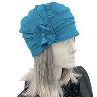 Cotton knit jersey chemo hat turban turquoise handmade Boston Millinery 