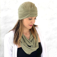 Chemo headwear in soft bamboo jersey Olive green matching scarf available too