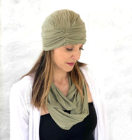 Chemo headwear in soft bamboo jersey Olive green matching scarf available too