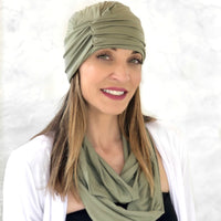 Chemo headwear in soft bamboo jersey Olive green 1920s flapper style