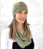 Chemo headwear in soft bamboo jersey Olive green 1920s flapper style