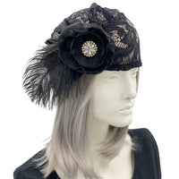 Black lace Turban Cocktail Hat with rhinestone trich feather  side view