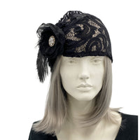 Black lace Turban Cocktail Hat with rhinestone front view
