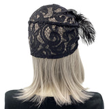 Black lace Turban Cocktail Hat with rhinestone rear view elegant 1920s costume 