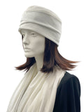 Winter white velvet turban hat side view Boston Millinery 