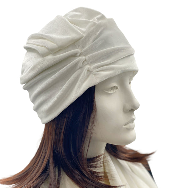 Winter white velvet turban hat side view Boston Millinery 