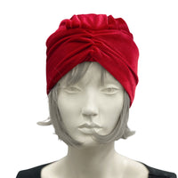 Modern turban in red stretch velvet handmade in the USA Boston Millinery 
