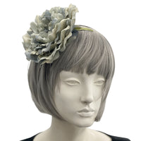 Gray peony fascinator headband with rhinestone center limited edition front view