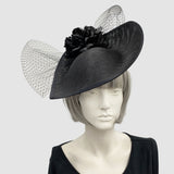 Large Black Fascinator with Peony Flower and French Net Bow Wedding Hat Kentucky Derby Hat