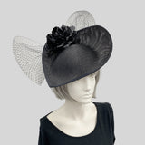 Large Black Fascinator with Peony Flower and French Net Bow