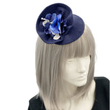 Navy blue linen and hydrangea flower fascinator mini hat  special occasion weddings